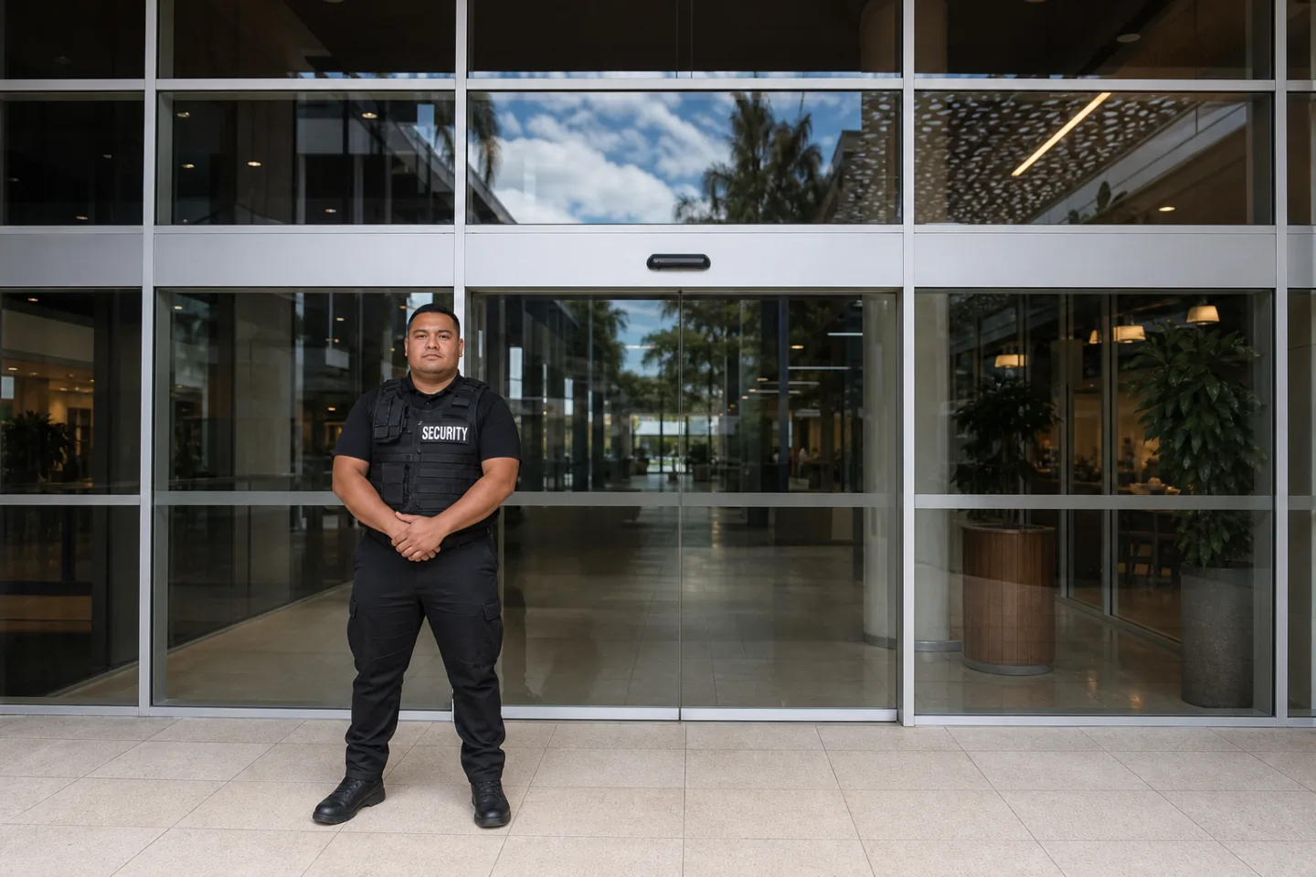 Security guard posted at the entry of a Brisbane retail centre